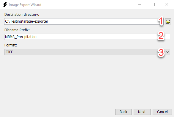 Selecting the destination directory, filename prefix, and image format. Selecting the destination directory, filename prefix, and image format.