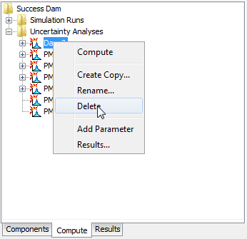 Figure 8. Deleting an uncertainty analysis in the Watershed Explorer
