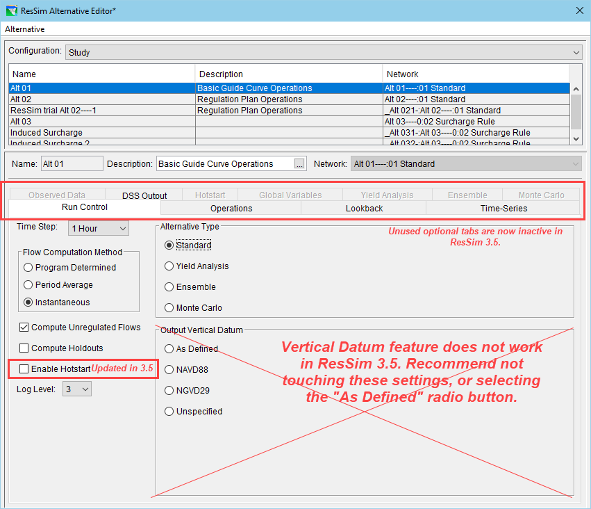 In Version 3.5 the Alternative Editor grays out unused tabs (top red box). Enable Hotstart tab from the Run Control tab (far right red box). Crossed out section states the Vertical Datum feature does not work in ResSim Version 3.5, do not touch these settings.