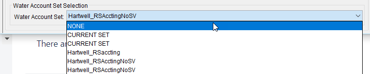 Example view of the Water Account Set list which highlights the possibility that created water account sets might display more than once in the list.