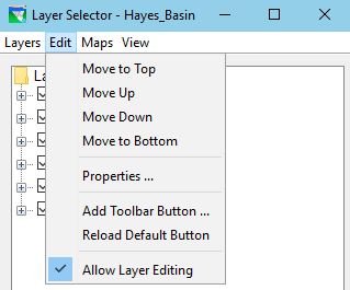 Edit menu displayed with list of commands: Move to top, Move Up, Move Down, Move to Bottom, Properties, Add Toolbar Button, Reload Default Button and Allow Layer Editing (enabled).