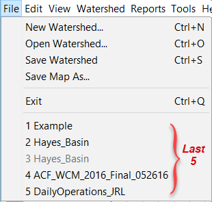 File Menu, Last Five Watersheds section displays 1 Example, 2 Hayes_Basin, 3 Hayes_Basin (grayed out), and two other watershed names.