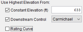 Image of three checkboxes. Examples included in image are: Constant Elevation (feet), Downstream Control - with selection list, and Rating Curve. 