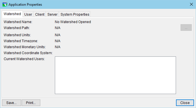 Application Properties dialog with the Watershed tab selected.