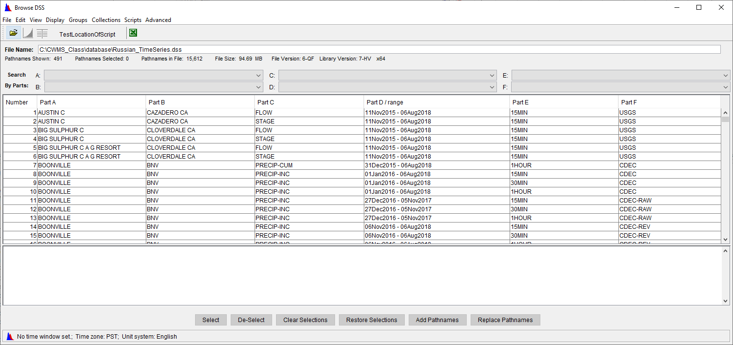 Figure 3 DSS-Vue Dialog with DSS File Pathname Selected