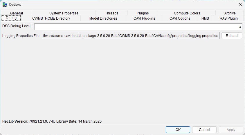 Options Dialog - Debug Tab