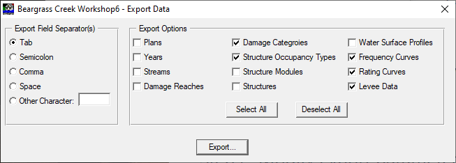 Export Data Menu Selections