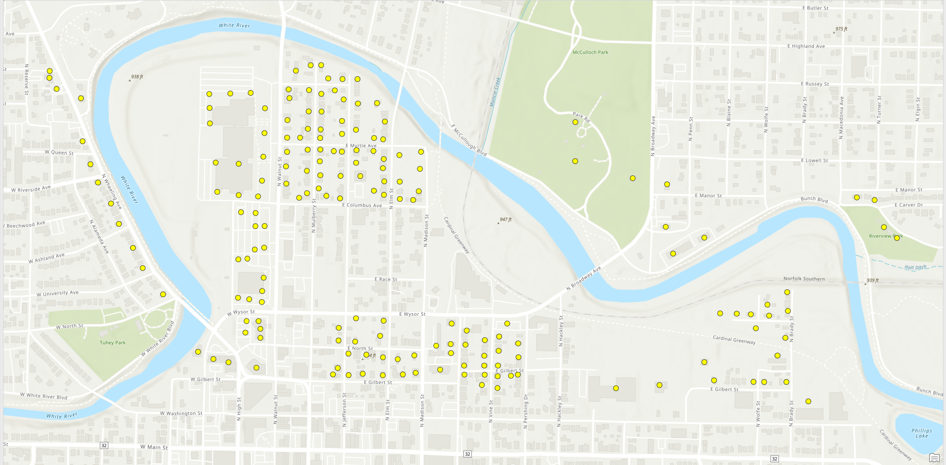 Structure point shapefile is displayed with yellow points overtop of a street view basemap