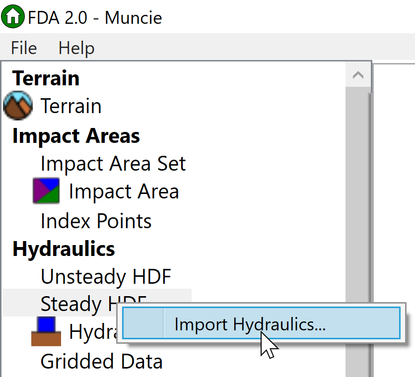 HEC-FDA study tree, right-clicked Hydraulics, Steady HDF import option, displays Import Hydraulics shortcut menu command..