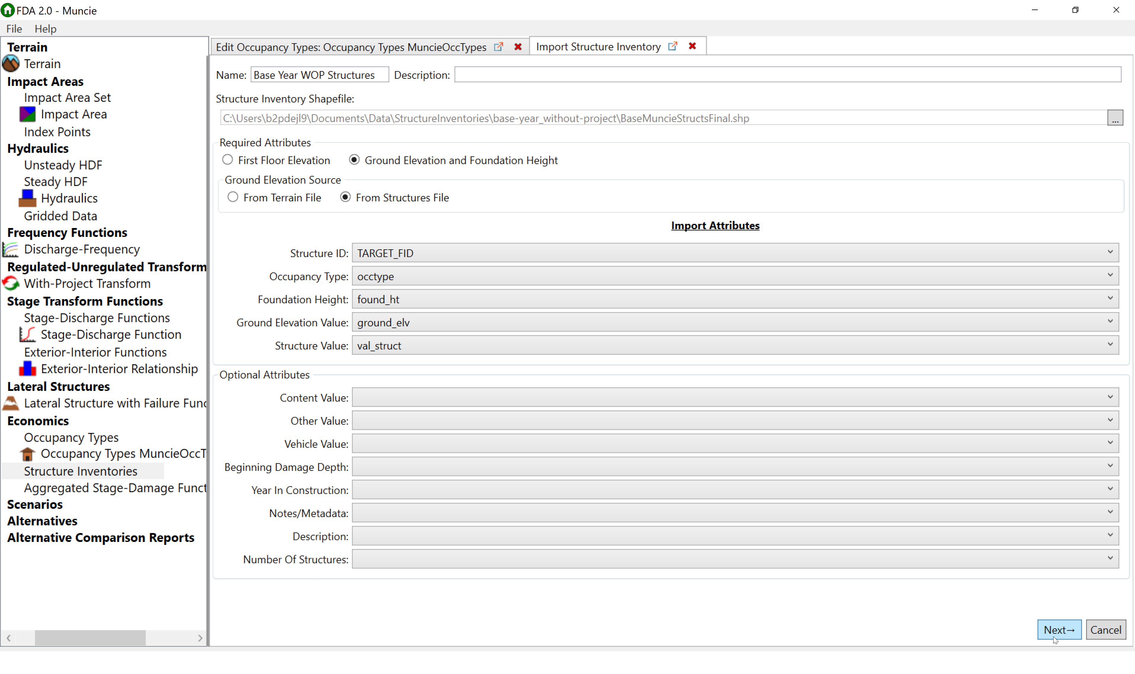HEC-FDA Version 2.0 Import Structure Inventory Importer Wizard Step 1 Example.