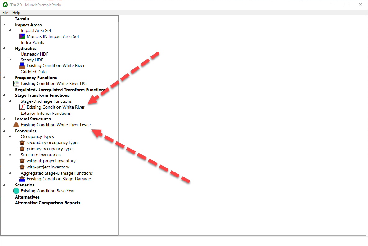 Study data element hierarchy. Top arrow points to an imported Stage-Discharge Function which is a sub-element of the Stage Transform Functions element. Bottom arrow points to the imported levee which is located under the Lateral Structure element.
