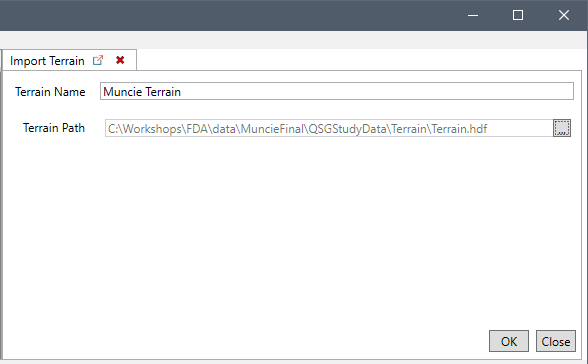 Import Terrain tab, example completed dialog.
