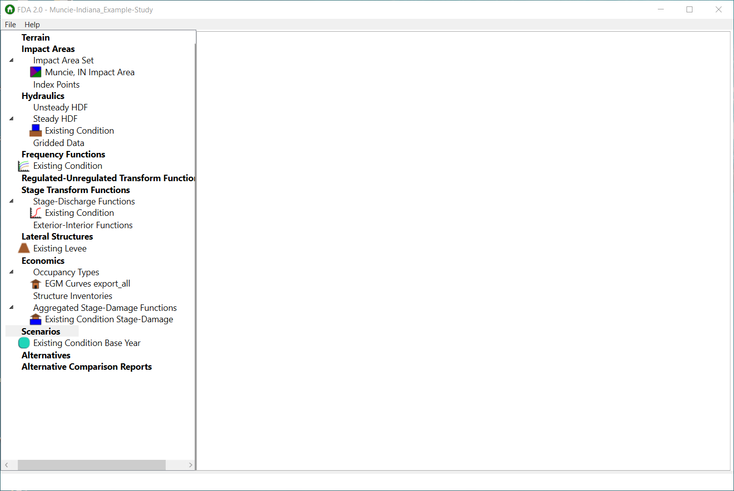 HEC-FDA main window HEC-FDA main window with opened example study.