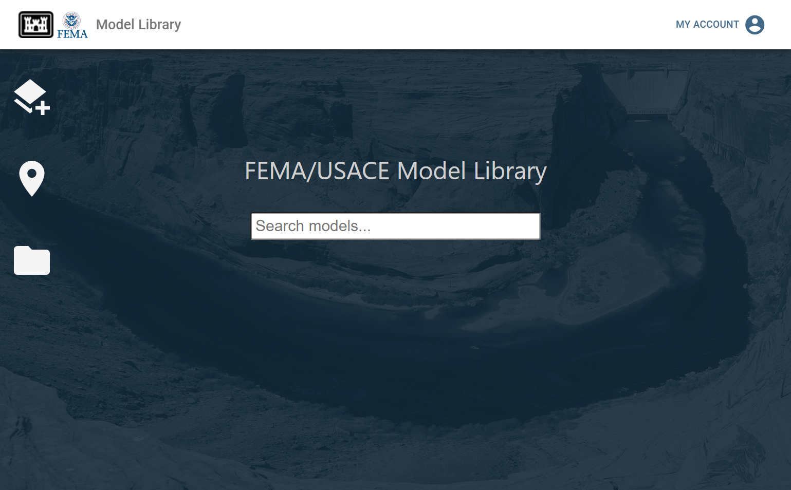 Screen capture of the USACE, FEMA, Model Library online search tool (provided for demonstration purposes).
