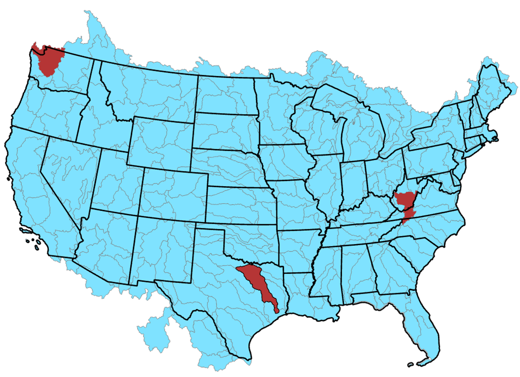 Duwamish Hydrologic Unit Code (HUC) 4 map of the United States displaying the locations of the three pilot projects.