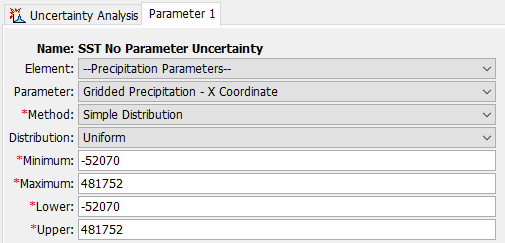 User interface for an HEC-HMS Uncertainty Analysis parameter that allows variation of a precipitation grid's center x-coordinate.