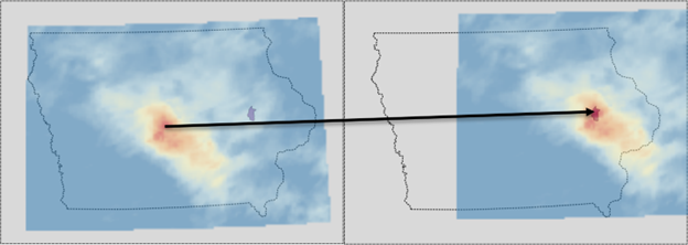 Transposition of a storm event that results in widespread heavy rainfall in the target watershed.