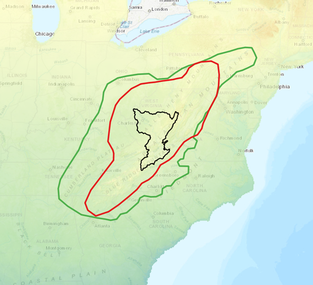 Two plausible transposition domains for the Kanawha River watershed.