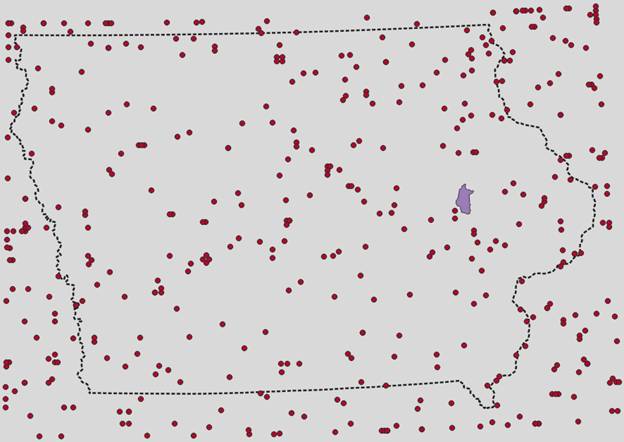 Storm center locations for 440 storm events comprising a catalog for a small demonstration watershed in Iowa.