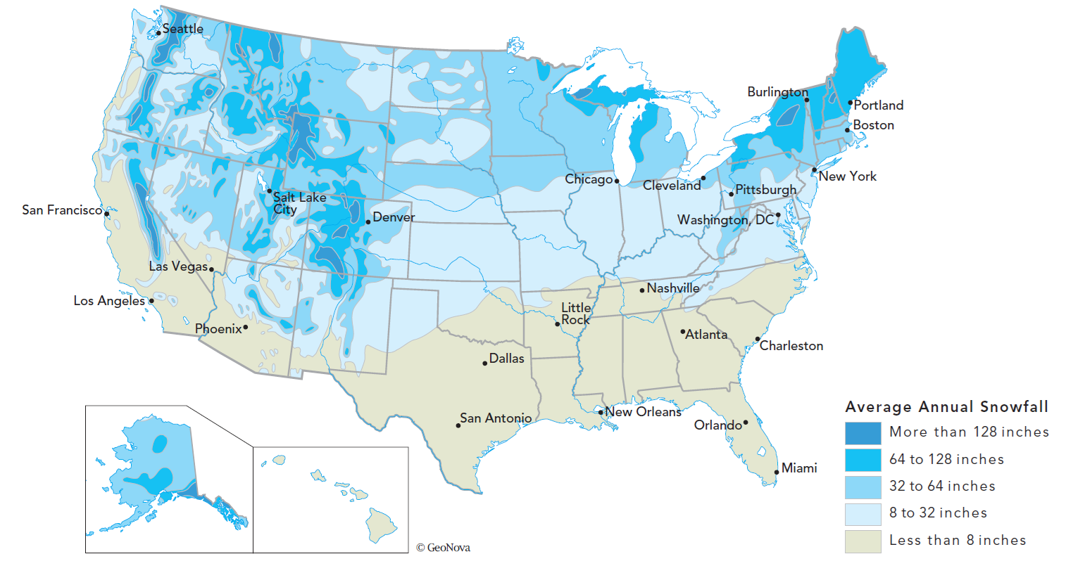 Figure 1. Average annual snowfall in U.S.A. (developed by USACE Cold Regions Research and Engineering Laboratory (ERDC). 