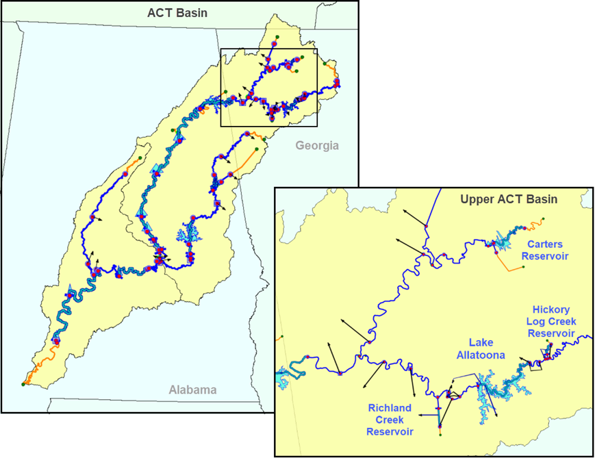 Figure 1. The ACT Basin runs through Georgia and Alabama.  A close-up of the Upper ACT ResSim model schematic shows Lake Allatoona and the recently constructed Amenity Reservoirs, Hickory Log Creek and Richland Creek.