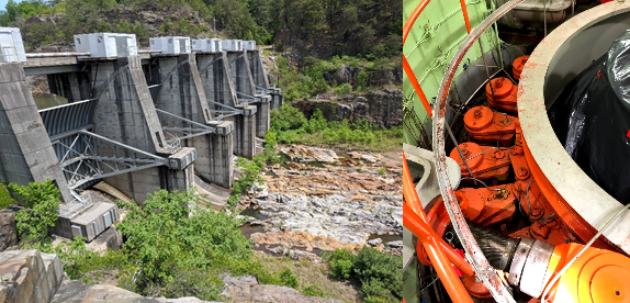 Figure 2. Carters Emergency Spillway Tainter Gates and Turbine Wicket Gates - the Carters emergency spillway is rarely used, as can be seen from the vegetation in the channel.  The brightly painted wicket gates control the volume of water entering the turbine.