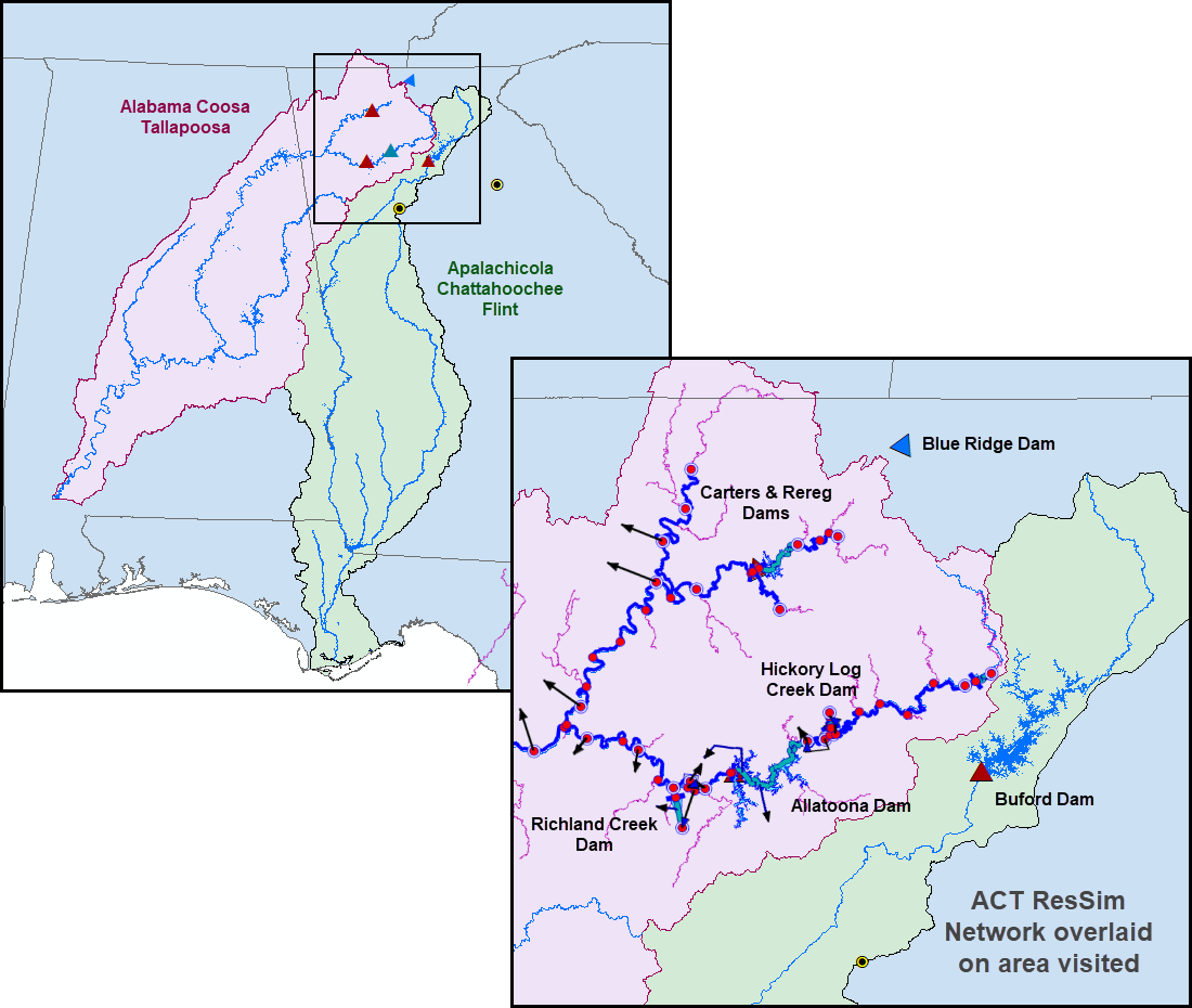 Figure 1. The ACT and ACF Basins run through three states.  A close-up of the area toured is shown with respect to the Upper ACT ResSim model schematic.