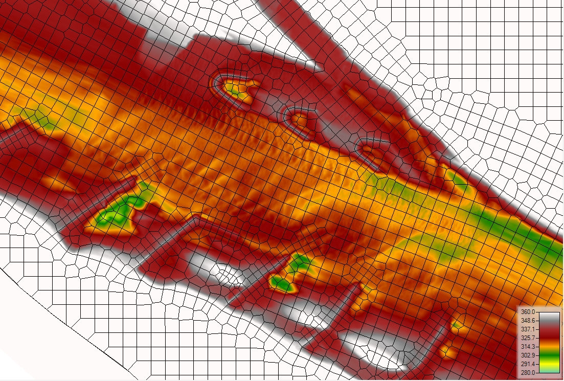 Figure 1 (Left). A section of an HEC-RAS, 2D, sediment model of a 13 mile reach of the Mississippi River through Chester, IL. Initial Terrain (Left), includes detailed river engineering features and simulated bed change.