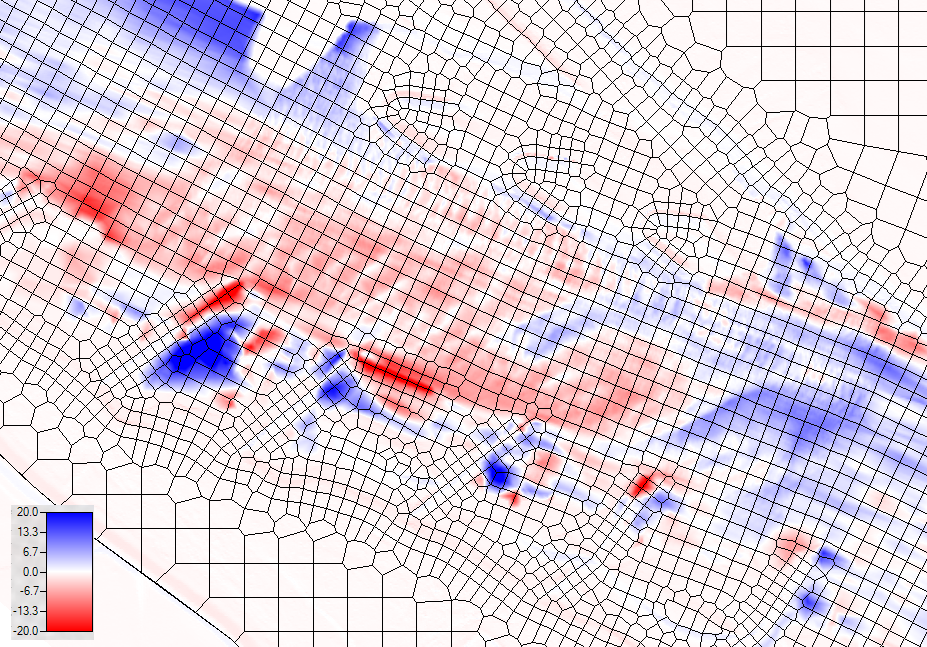 Figure 1 (Right). A section of an HEC-RAS, 2D, sediment model of a 13 mile reach of the Mississippi River through Chester, IL. Initial Terrain (Right), reflects observed bed change during the simulation period.