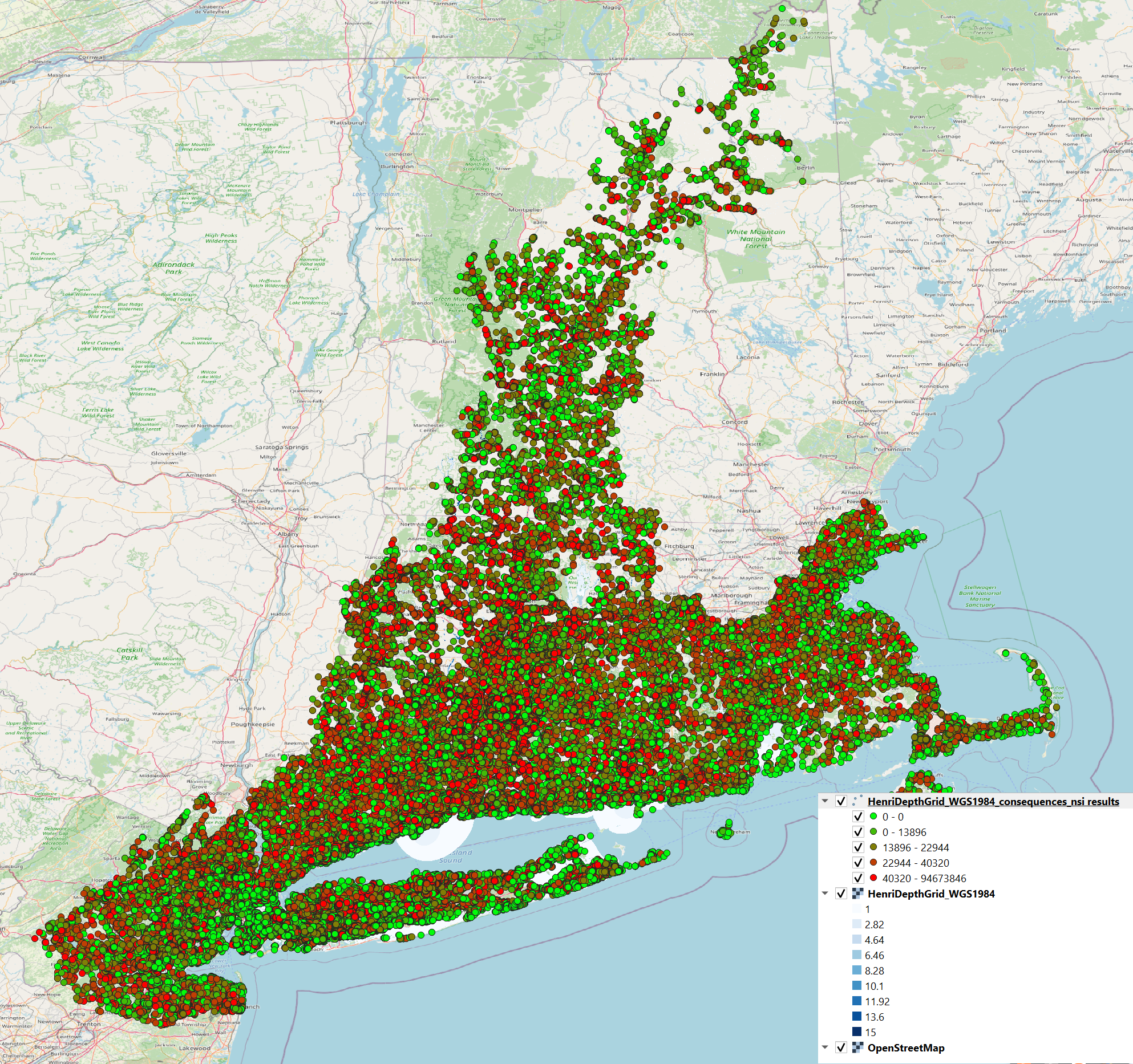 Figure 3, Map displaying the results from an example application of Go-Consequences with NSI data used to estimate the impacts of a hurricane.