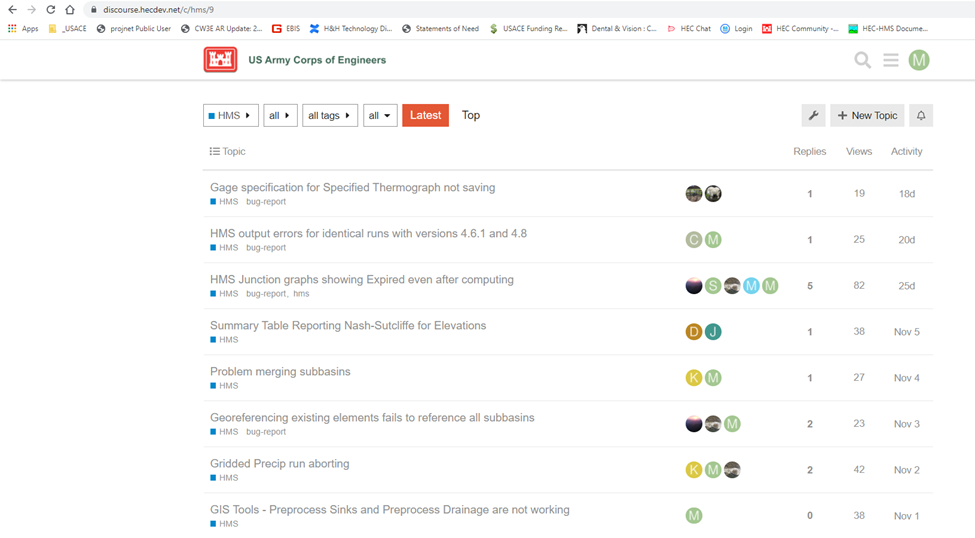 Figure 1, Example view of the HEC-HMS Discourse page. The HEC-HMS Discourse page provides an method for asking software application questions.