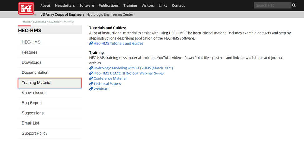 Figure 2, HEC-HMS Training Material webpage with links to addition options.