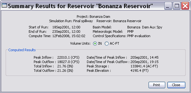 Summary Results for Bonanza Reservoir