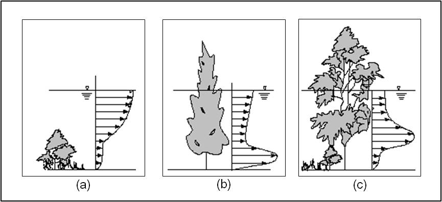 Illustration of Velocity Profiles with Submerged and Un-submerged Vegetation (Fischenich, 2000)
