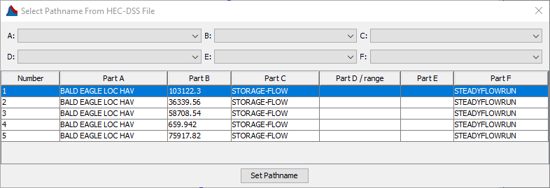HEC-DSS Pathname Chooser with Storage-Discharge Data from HEC-RAS