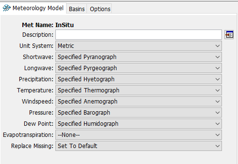 Meteorologic model component editor selections