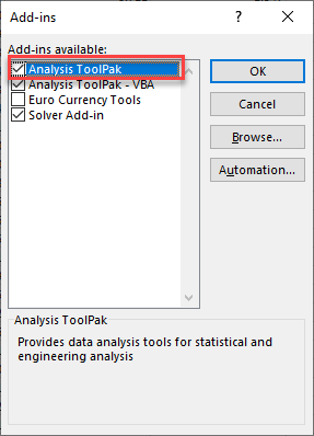 Enabling Excel Analysis Toolpak Add-in