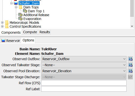 Component editor for adding observed elevation and outflow to the reservoir element