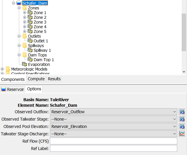 Options tab for reservoir component editor