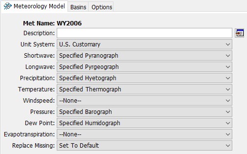 Meteorologic Model component editor selections