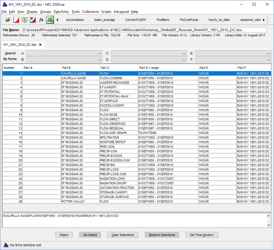 Figure 2. Hourly Flow Record Selected in HEC-DSSVue