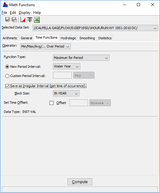 Figure 3. Math Functions Dialog in HEC-DSSVue