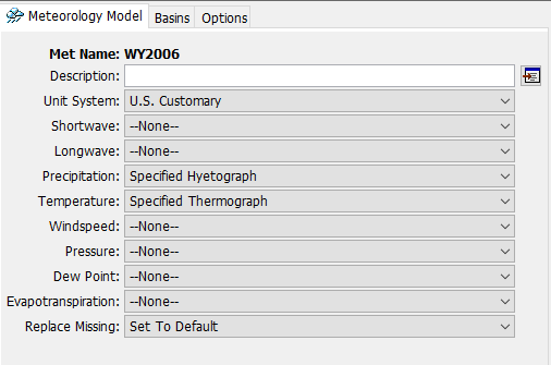 Meteorologic model component editor selections