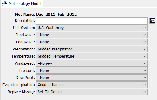 Meteorologic model component editor selections