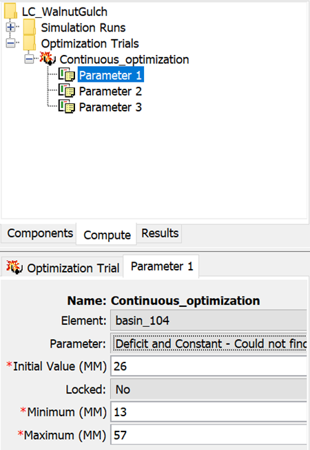 Component editor for optimization trial parameter 1.