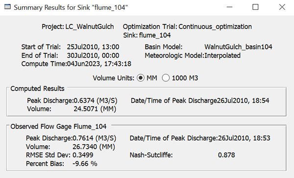 Summary results for continuous model run optimization trial.