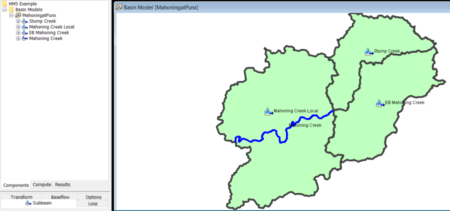 Figure 4. Subbasin and reach elements imported into the basin model