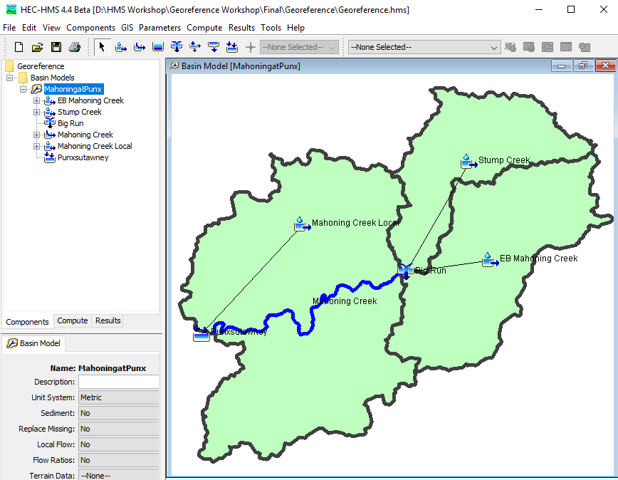 Figure 5. Basin model with georeferenced elements that are connected and displayed in hydrologic order
