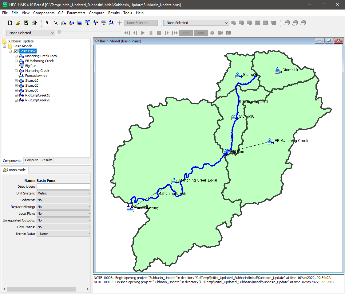 HEC-HMS Basin model with updated elements for Stump Creek subbasin