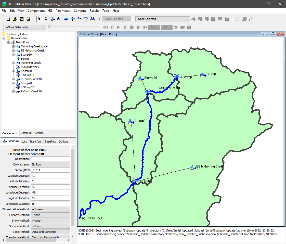HEC-HMS Basin model with connected elements for Stump Creek subbasin